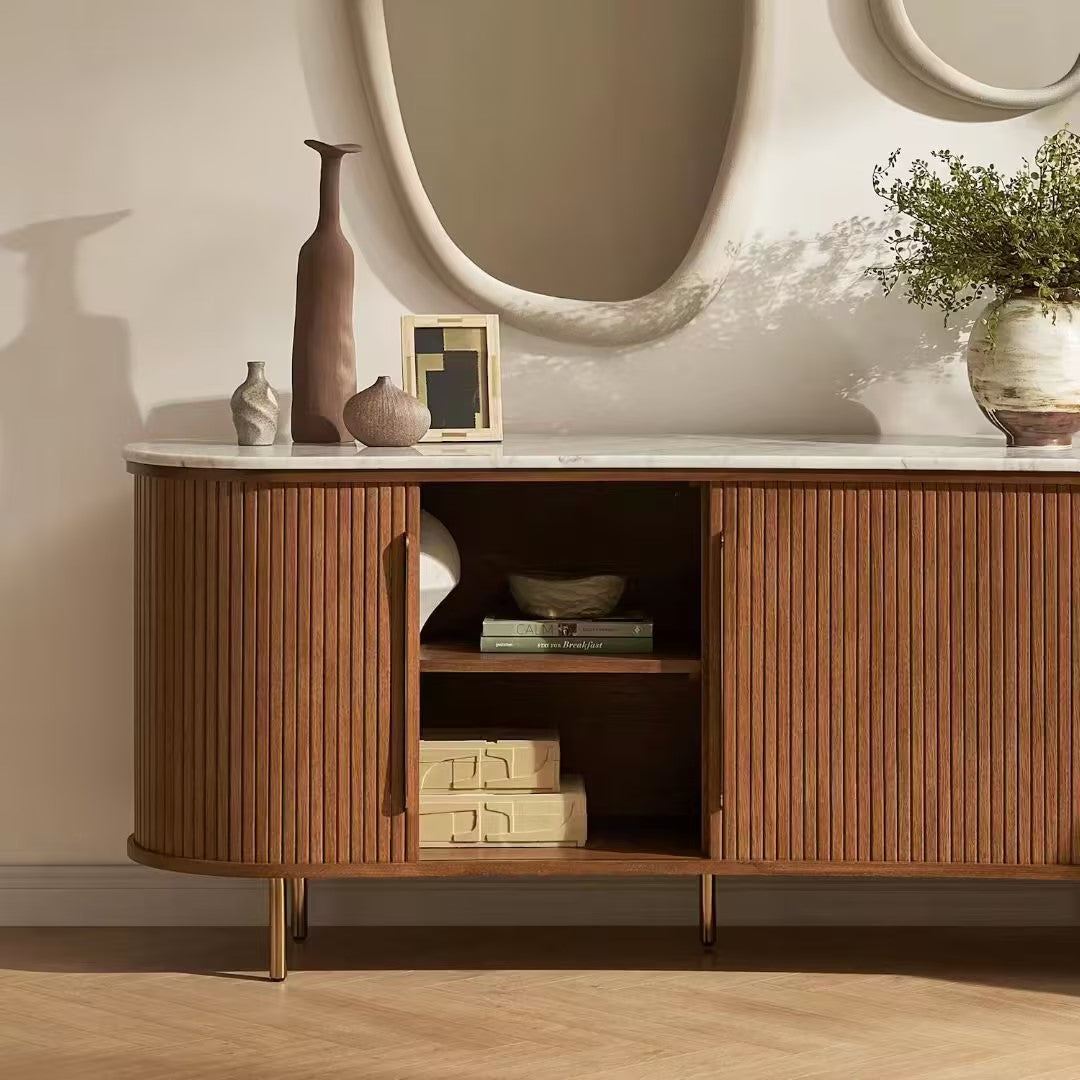 Castlery Harper Style Tamboured Marble TV Stand - Mid Century Modern Curved Wood Slat Entertainment Center &amp; Sideboard Credenza