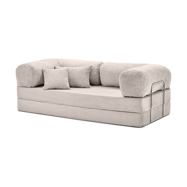 Modular Corduroy Sofa Bed - Cream White with Solid Ash Wood & Chrome Frame