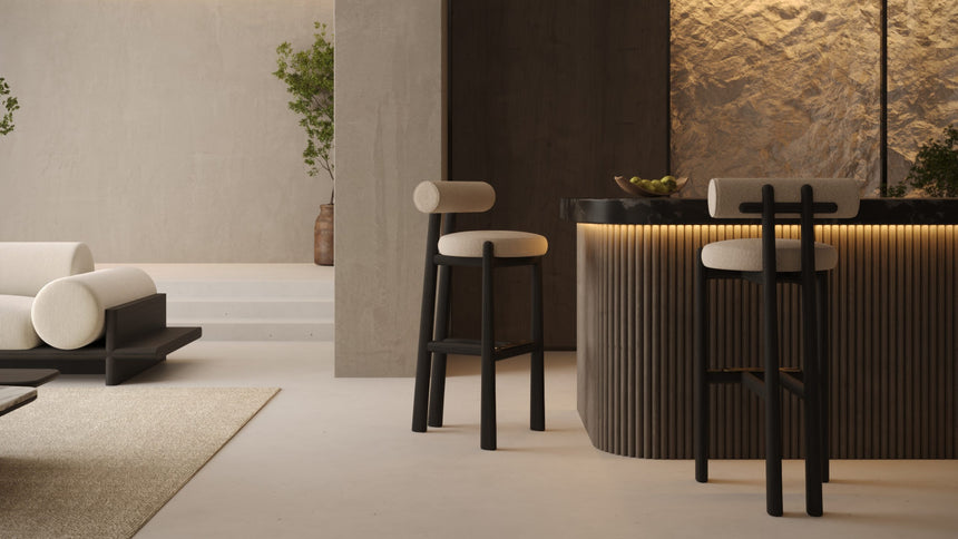 Modern Bouclé Bar Stool | Dark Wood Frame with Brass Footrest & Backrest Counter Stool