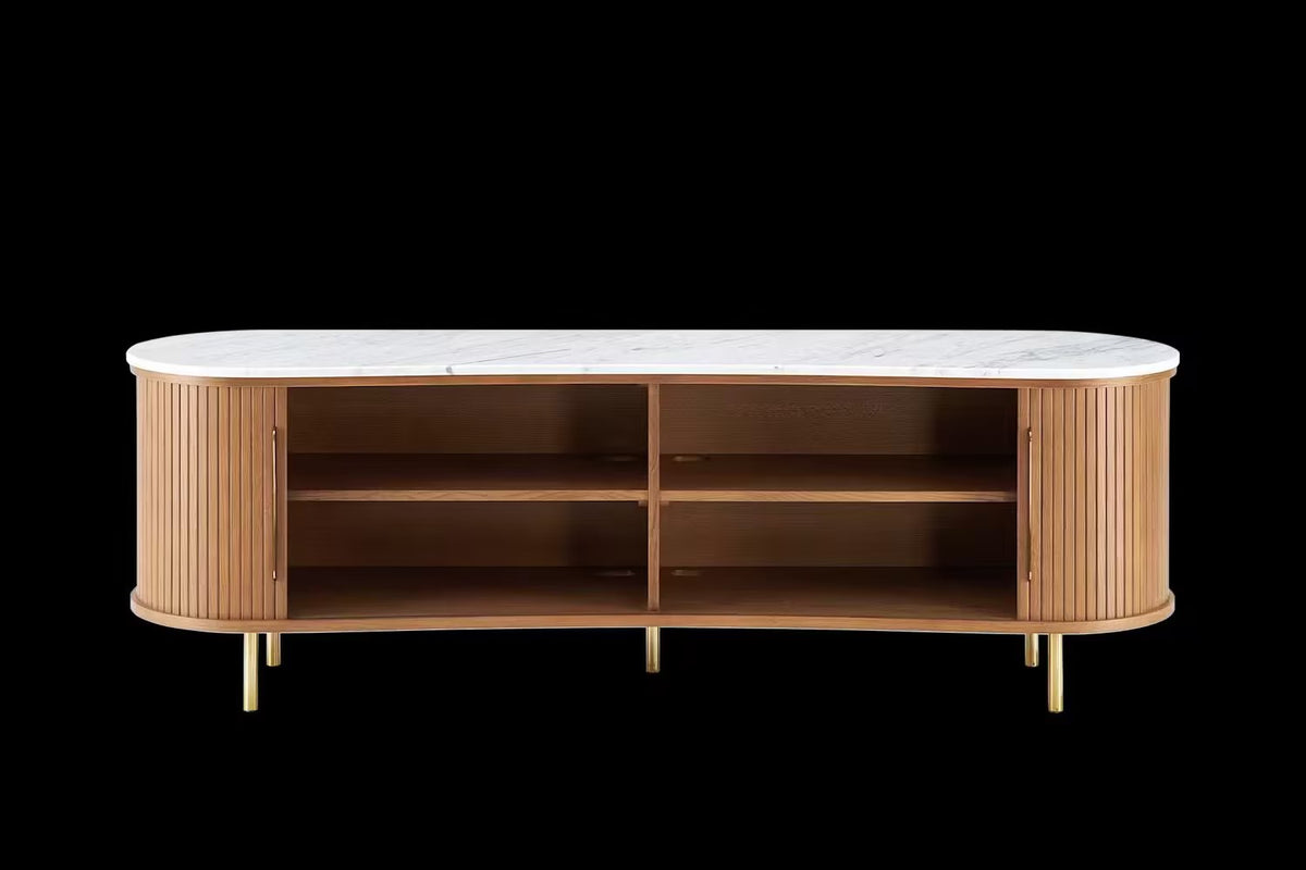 Castlery Harper Style Tamboured Marble TV Stand - Mid Century Modern Curved Wood Slat Entertainment Center &amp; Sideboard Credenza