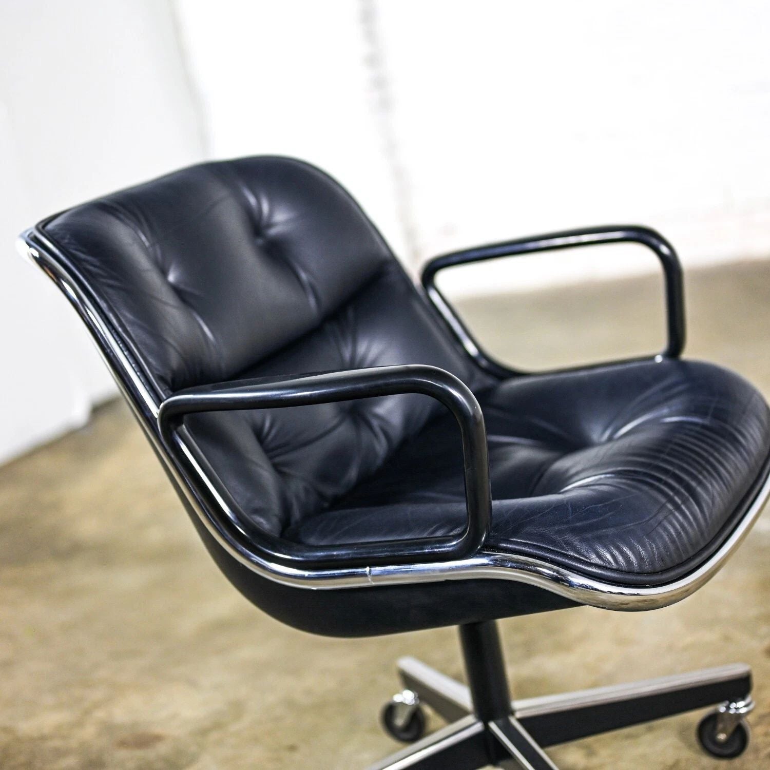 Executive Armchair Replica - Black Tufted Leather with Polished Chrome Frame
