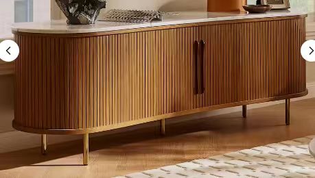 Castlery Harper Style Tamboured Marble TV Stand - Mid Century Modern Curved Wood Slat Entertainment Center &amp; Sideboard Credenza