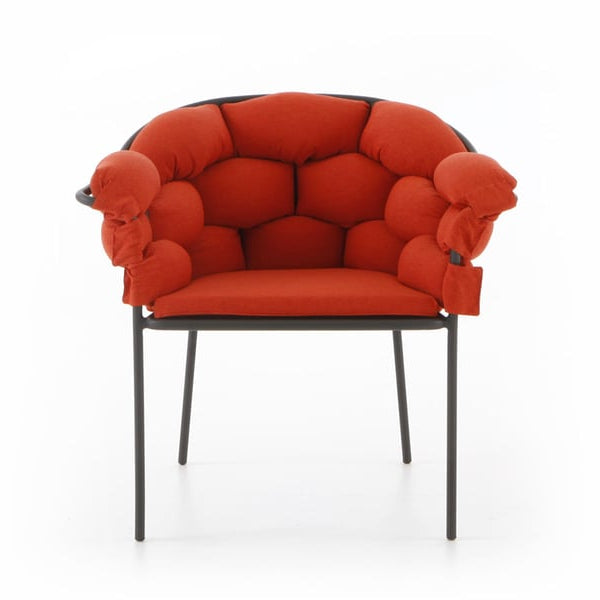 Serpentine Outdoor Chair with Red Tufted Cushions & Black Metal Frame
