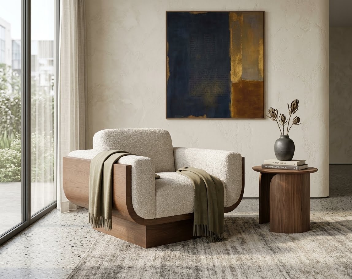 The Acadia Lounge Chair In The Style Of Alder Tweed