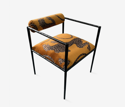 Arteriors Barbana Chair Reproduction – Luxury Embroidered Ocelot Print Accent Chair with Hand-Forged Black Iron Frame