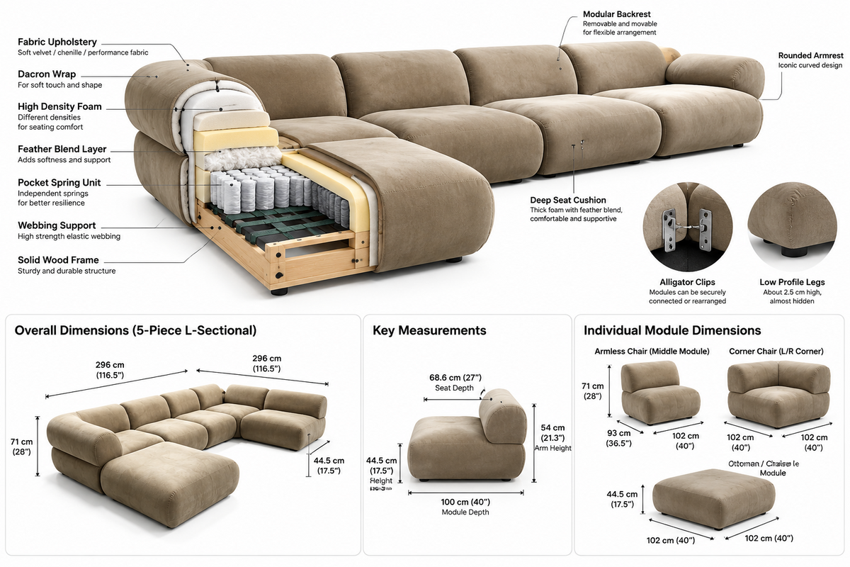 Premium Modular Velvet Sectional Sofa | Modern Curved L-Shape Cloud Couch