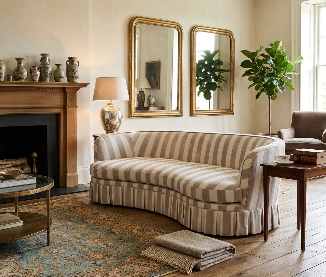 Bröderna Andersson Style Pink & White Striped Curved Crescent Sofa