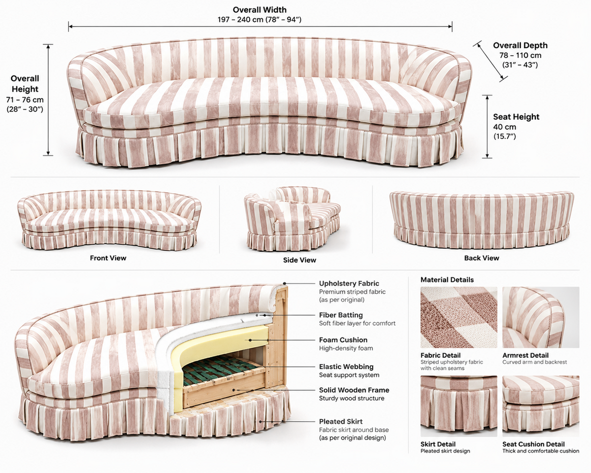 Bröderna Andersson Style Pink & White Striped Curved Crescent Sofa