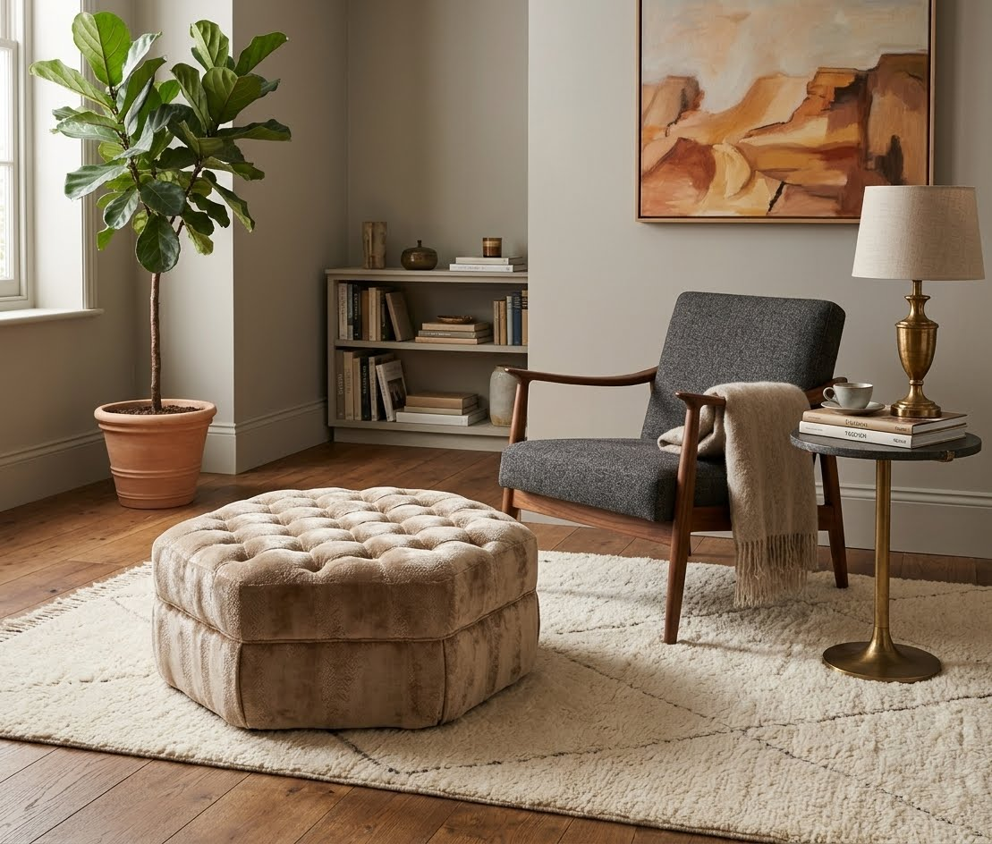 Luxury Tufted Octagonal Velvet Ottoman, Estetica Custom A Squared Design Inspired Geometric Coffee Table Stool and Sofa Footrest