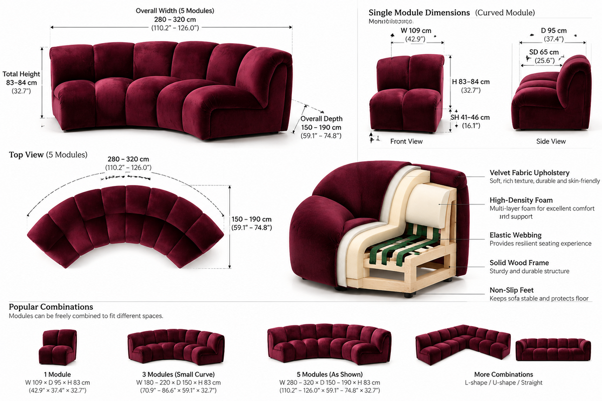 Micadoni Lupine Style Modular Curved Velvet Sofa | Modern Luxury Custom Sectional Couch with Wave Silhouette - Burgundy Red