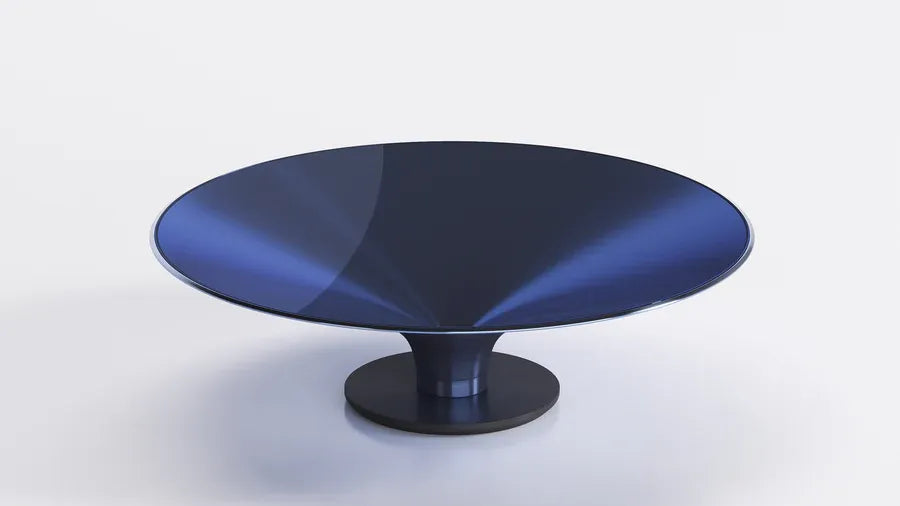 Elegant unique Ovni Up coffee table, featuring a transparent tempered glass top.