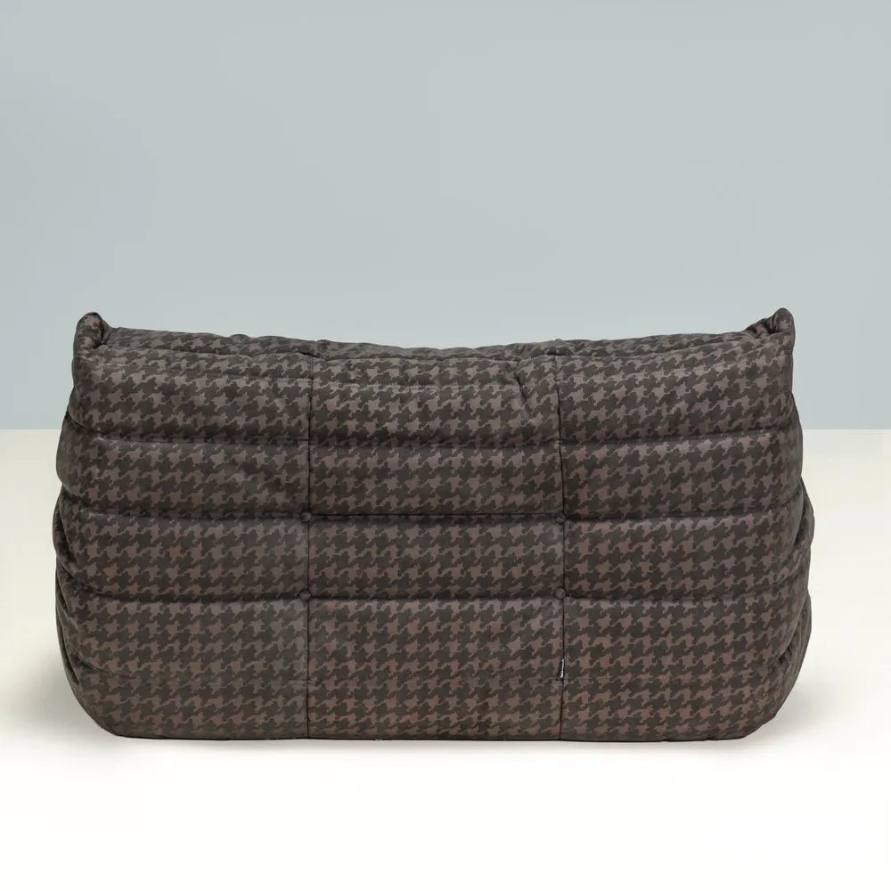 Comfortable Togo Sofa by Michel Ducaroy in brown houndstooth