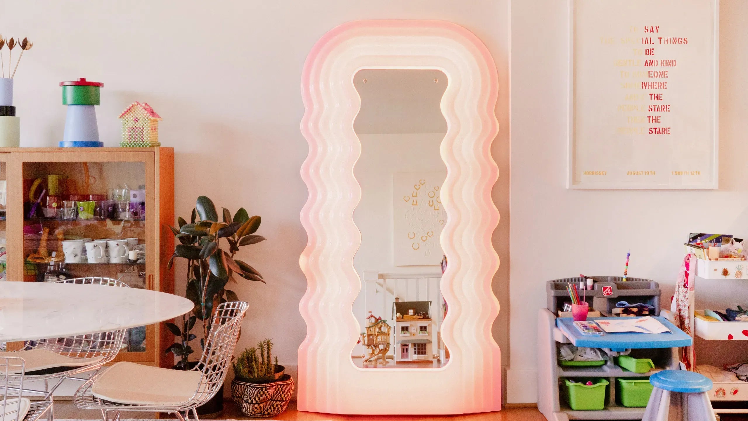 Exclusive Ultrafragola Mirror for sale, featuring a soft pink neon light.