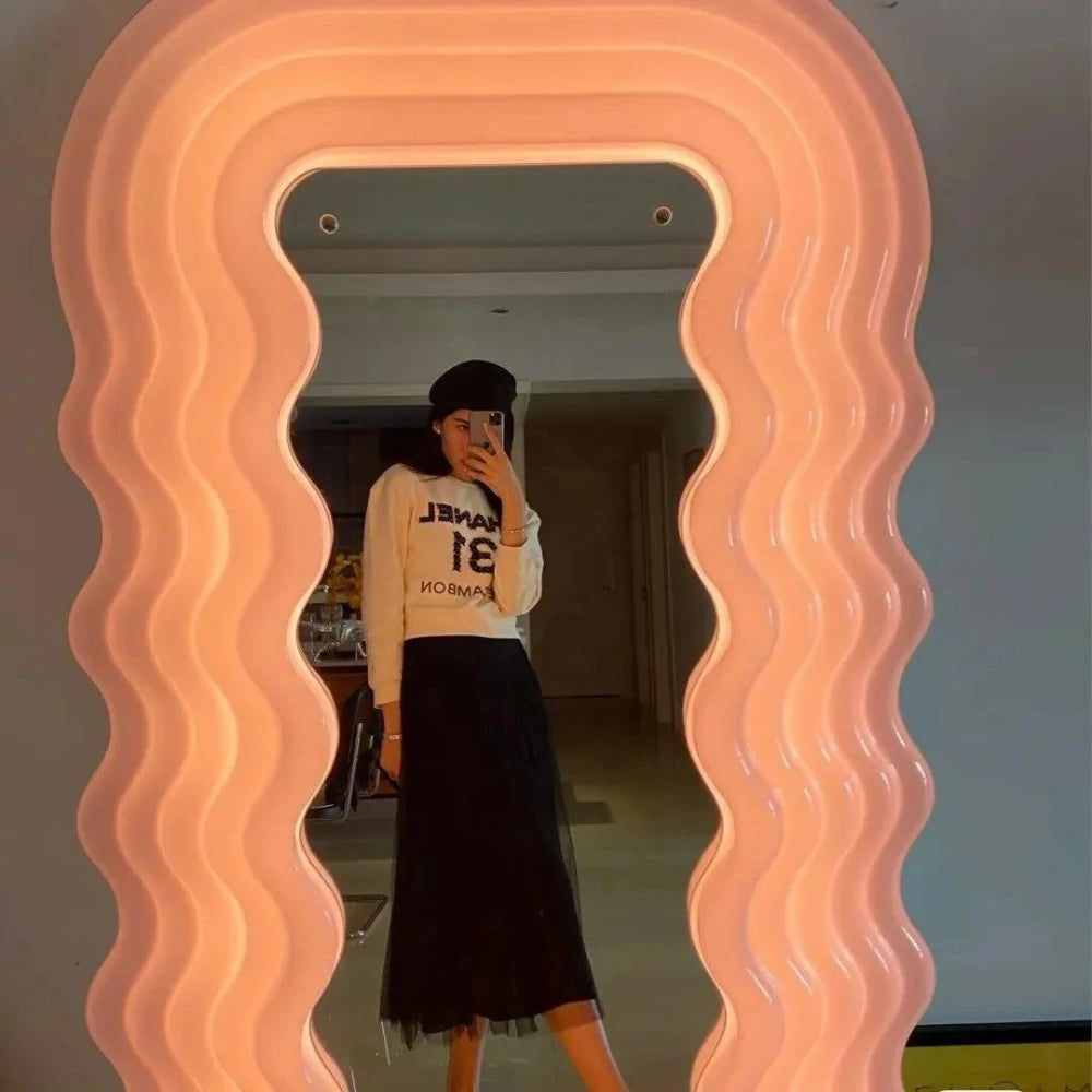 Vintage Ultrafragola Mirror with pink LED, an iconic piece of Memphis design.