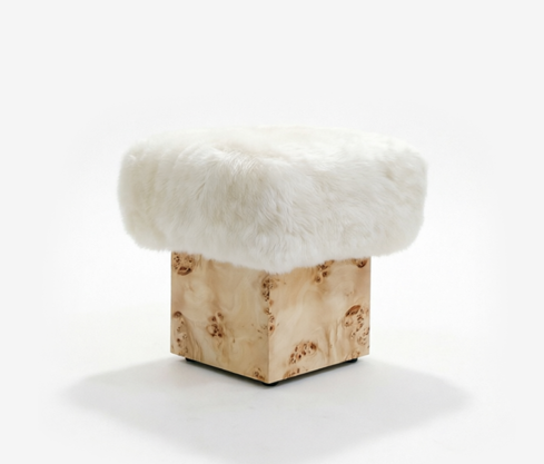 Universal Furniture Riviera Bunching Bench - White Faux Fur & Mappa Burl Wood Ottoman
