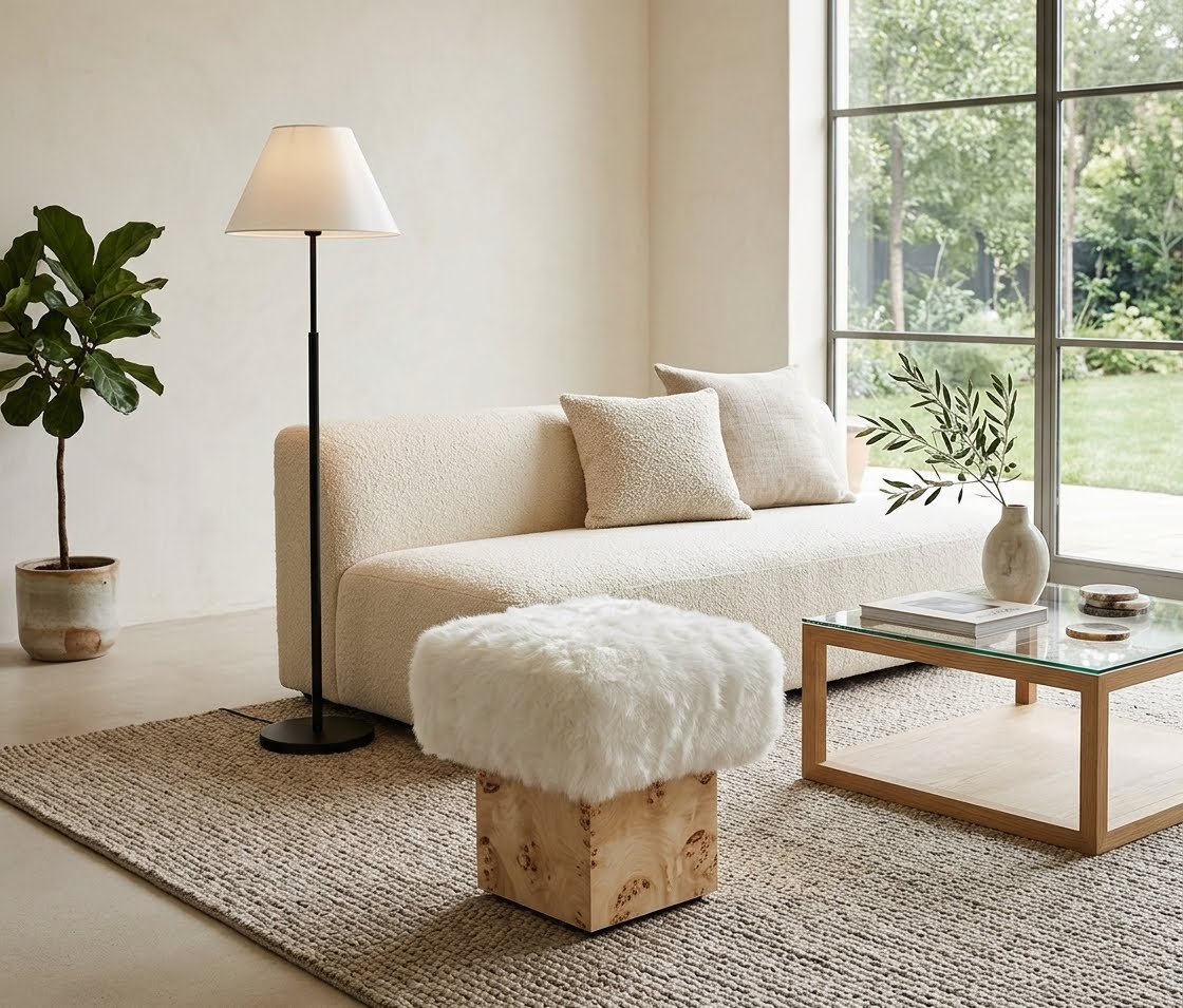 Universal Furniture Riviera Bunching Bench - White Faux Fur & Mappa Burl Wood Ottoman