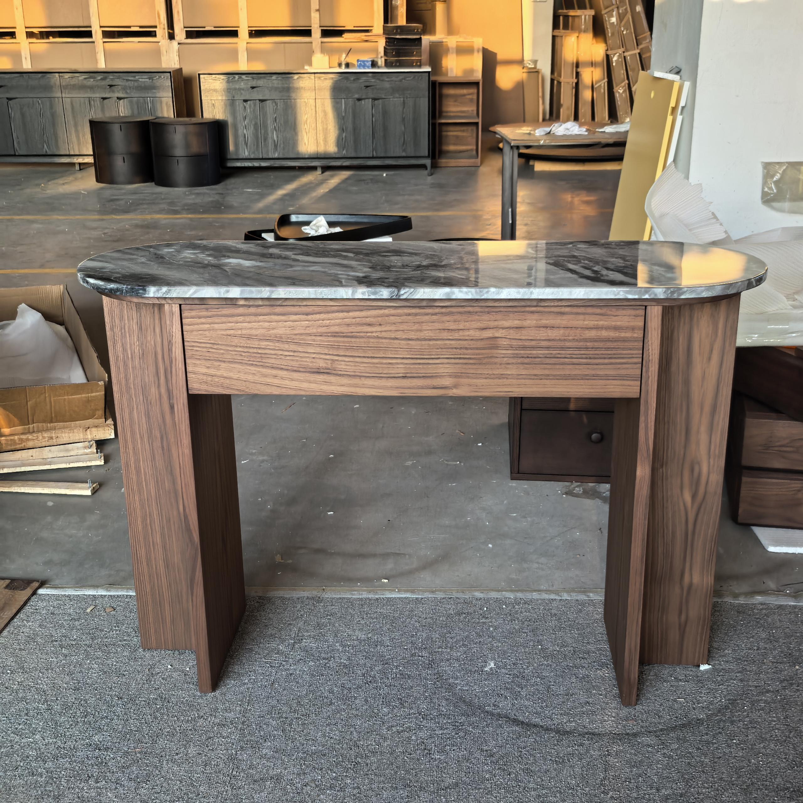 Oval Marble Top Console Table | Dark Walnut Entryway Console with Soft-Close Drawer