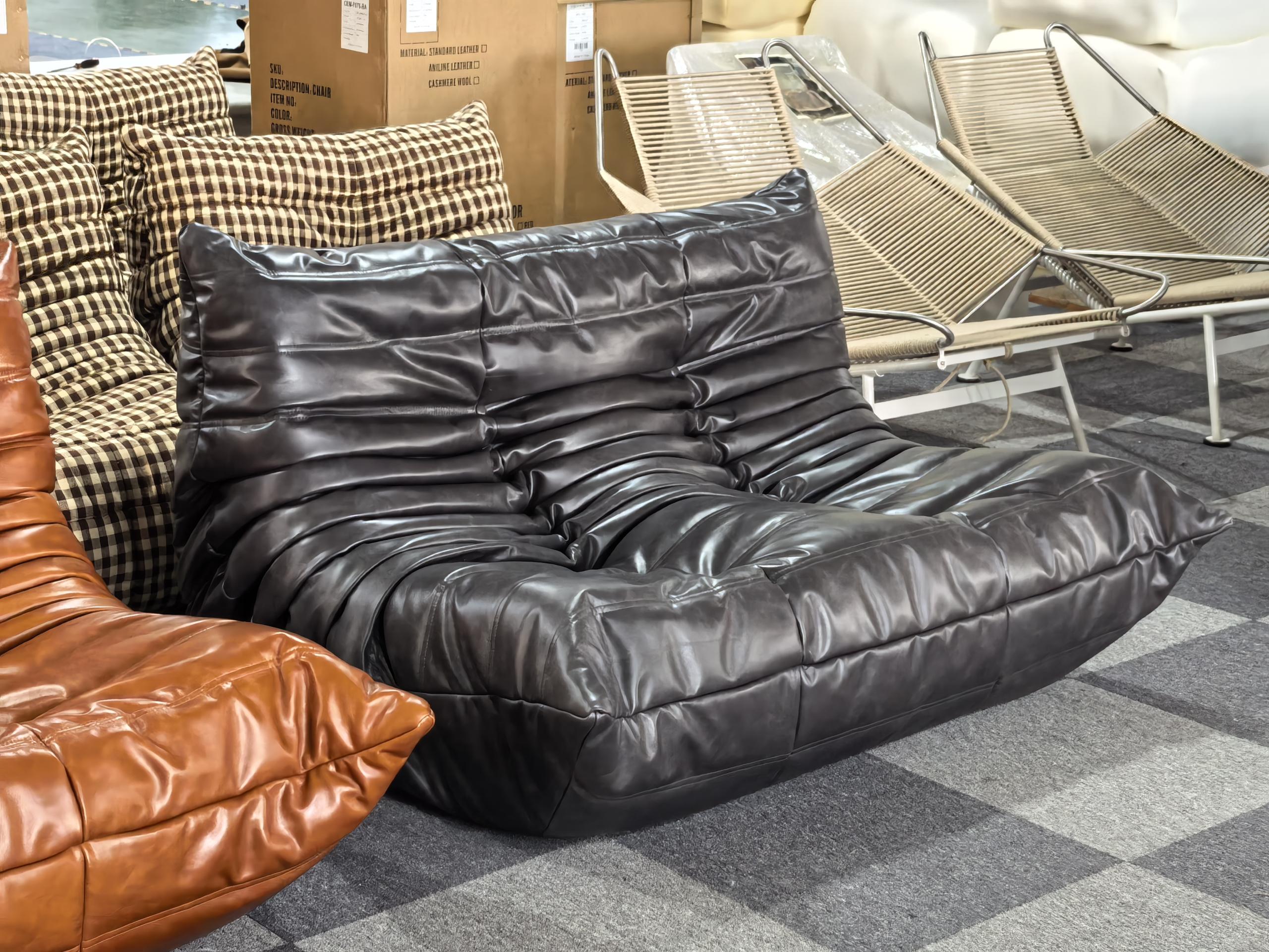 Plush Triple-Density Foam Black Leather Togo Sofa

