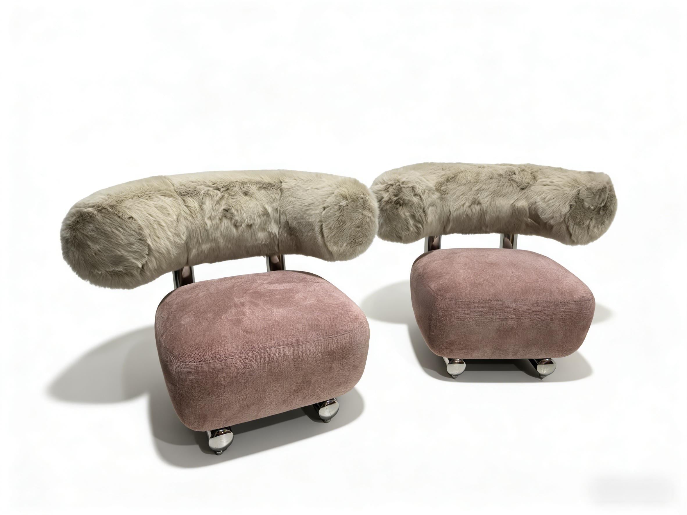 pipe-lounge-chair-pink-fabric-beige-fur-chrome-frame-front-view