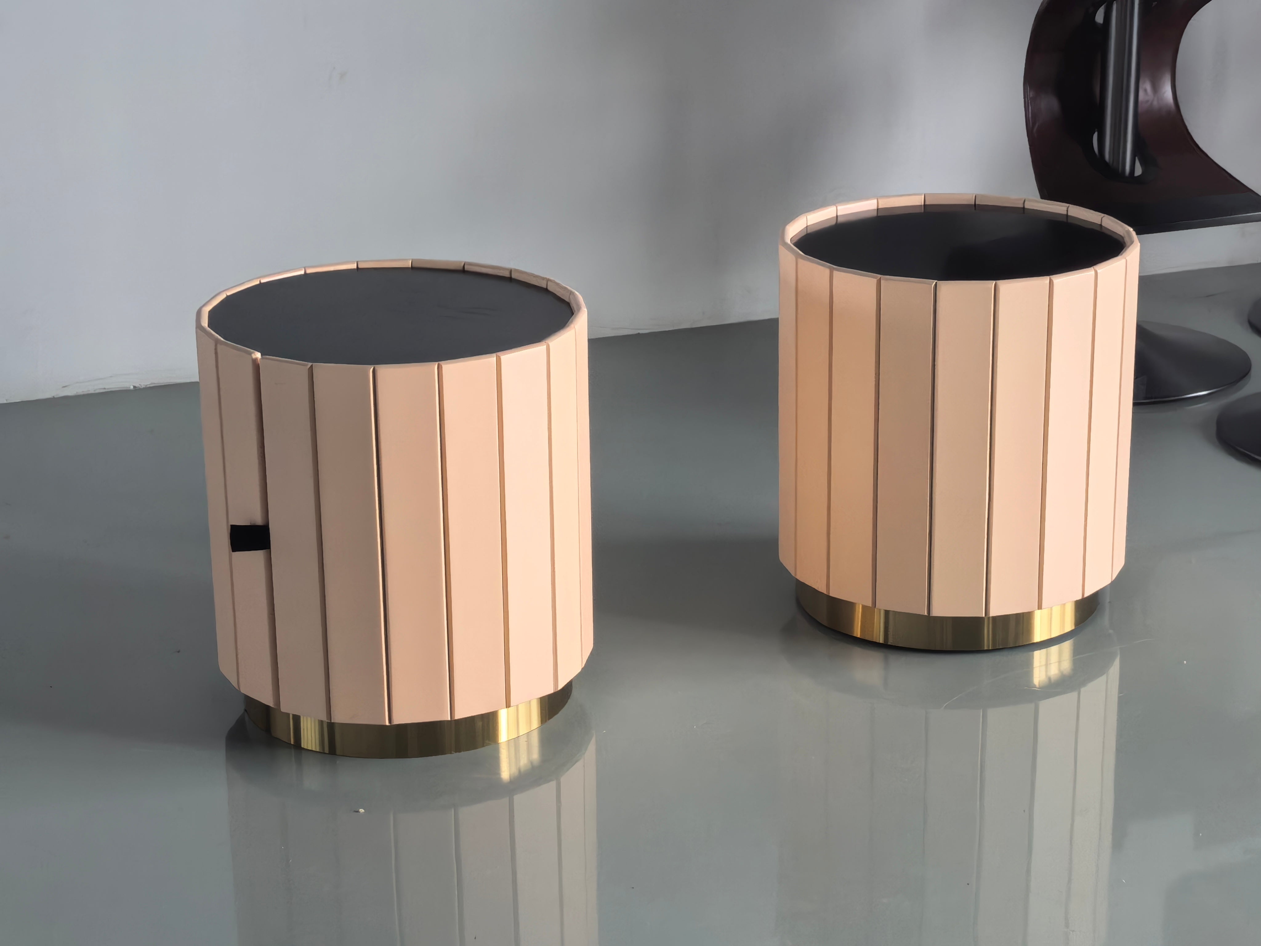 Modern Round Leather Nightstand with Gold Base