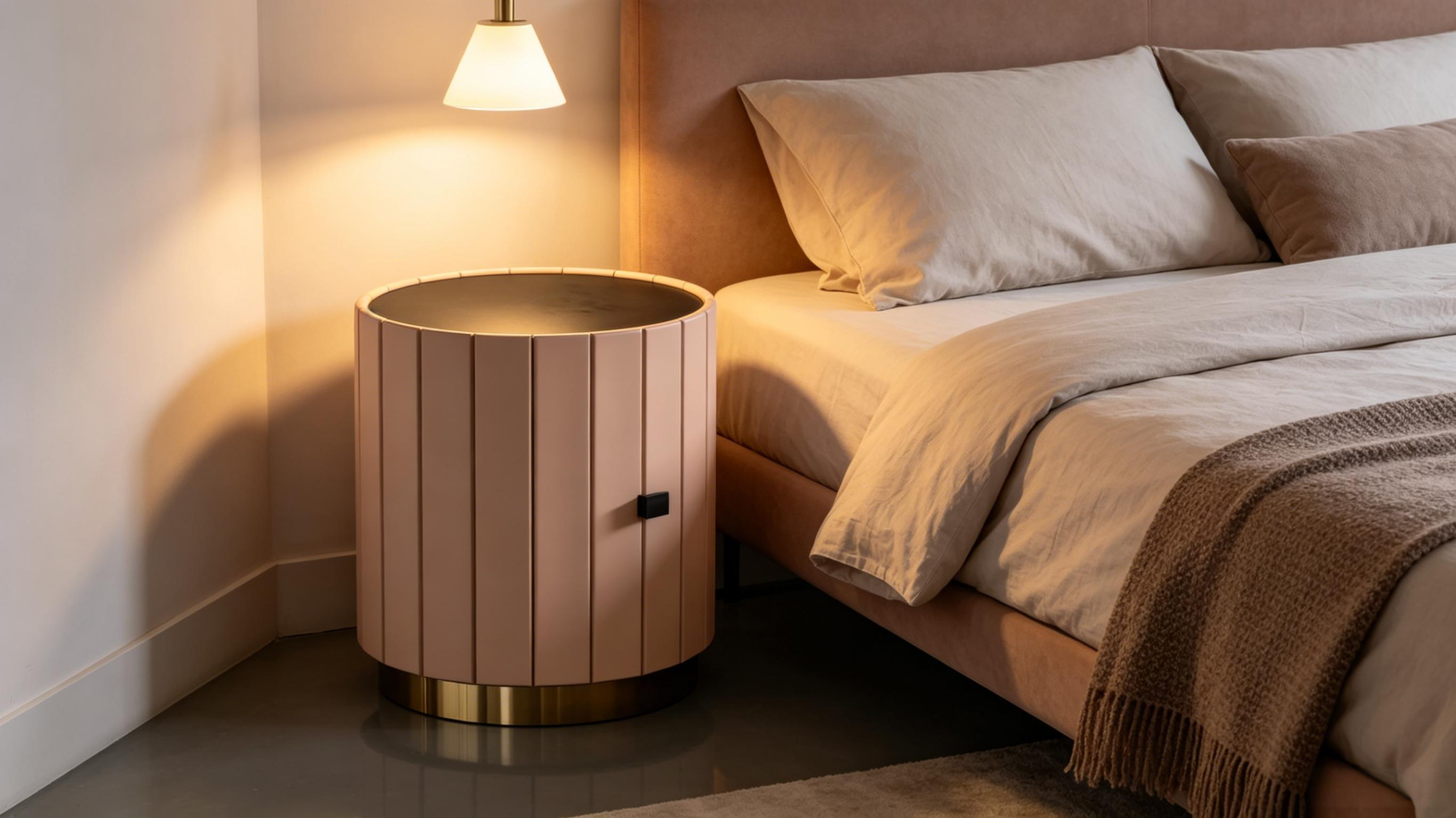 Modern Round Leather Nightstand with Gold Base