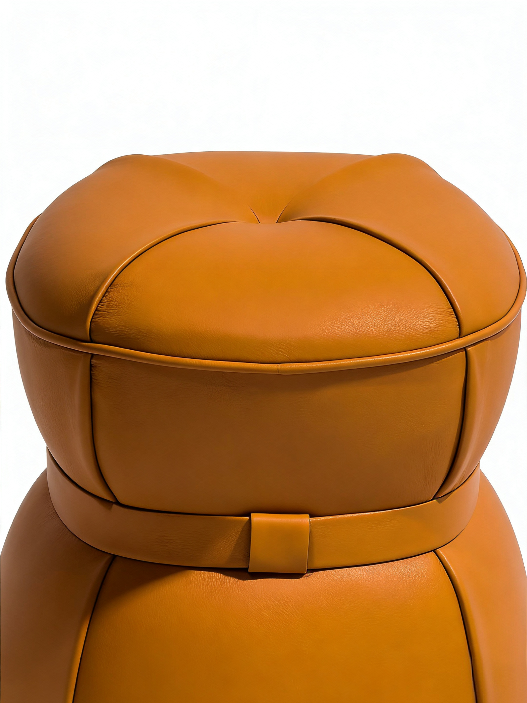 Modern aniline leather stool - top and detail stitching view