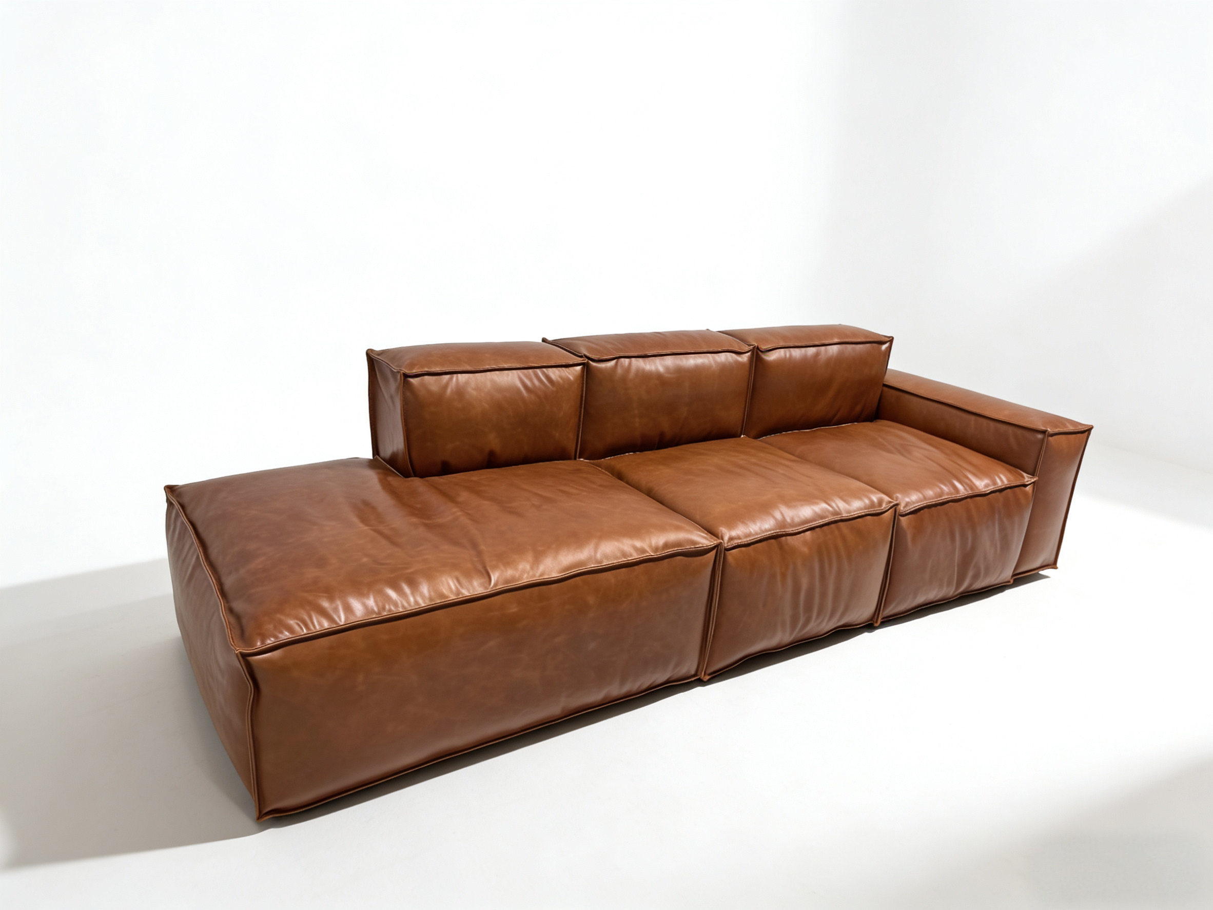 U-shaped layout of brown leather modular sofa