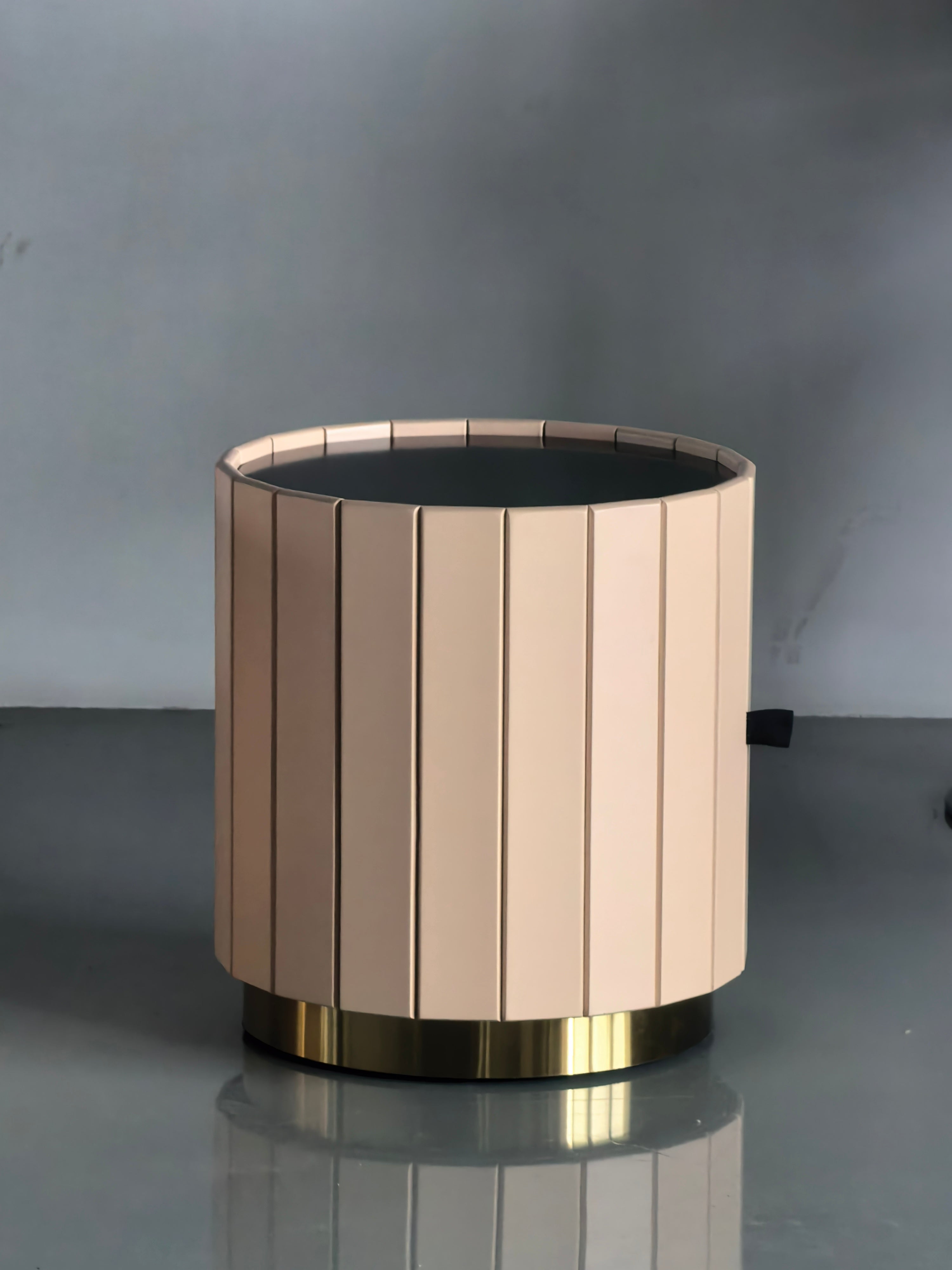 Modern Round Leather Nightstand with Gold Base
